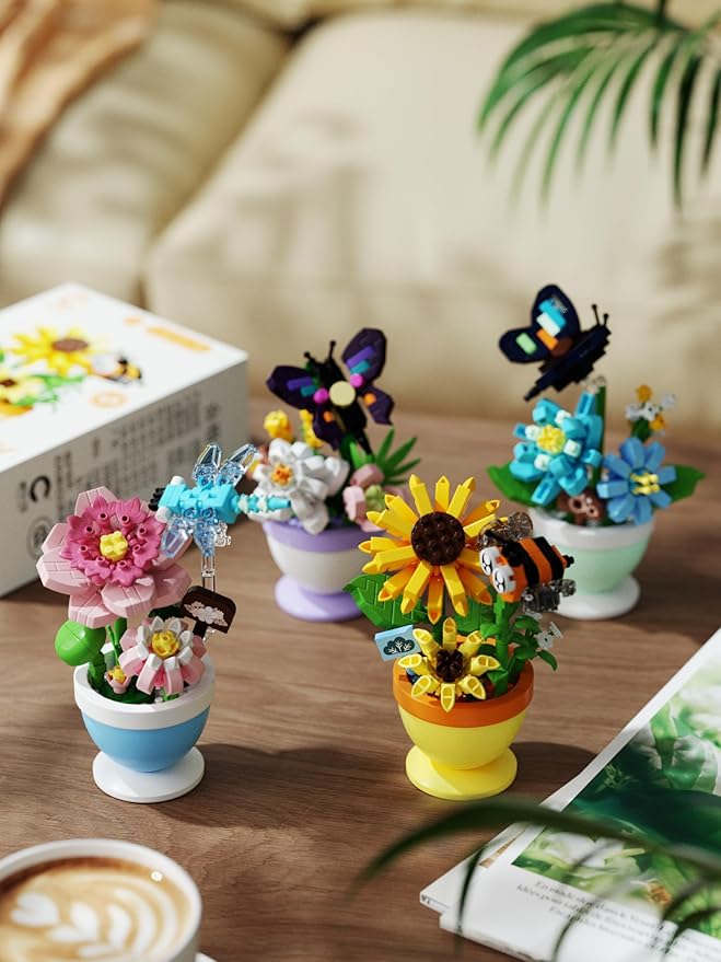 Sacblirr Mini Flower Bonsai with Cute Insects Sunflower bee - DIY Potted Plant Building Blocks for Kids and Adults, Botanical Collection Decor Toy