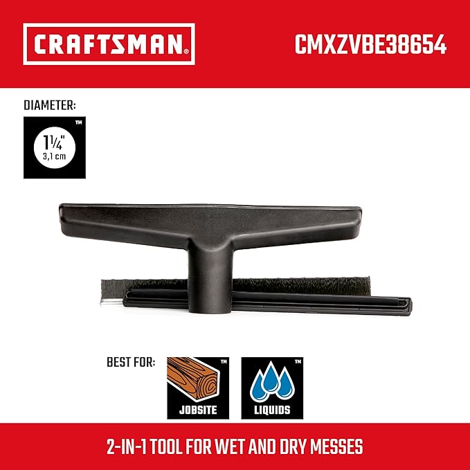 CRAFTSMAN CMXZVBE38654 1-1/4 in. Wet Nozzle/Floor Brush Wet Dry Vac Attachment, Industrial-Grade Shop Vacuum Accessory for Cleaning Liquid Messes and Hard Surfaces, Fits 1-1/4 in. Hose Diameter