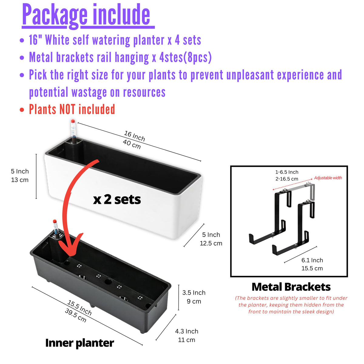 LaLaGreen Balcony Flower Boxes Over the Rail (16 Inch, 4 Pack) White Rectangular Self-Watering Railing Planters with Metal Brackets, Plastic Window Box for Outdoor Plants Herbs Deck Fence Garden