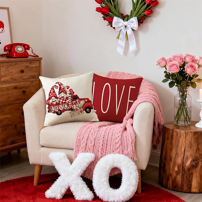 NIGHTWISH Valentine's Day Pillow Covers 18x18 Set of 4 Love Heart Truck Gnomes Valentines Day Decorations XOXO Wedding Throw Cushion Case for Sofa Couch