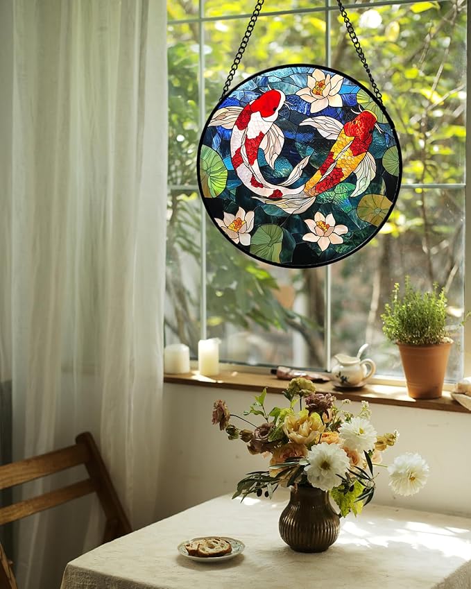 AMDERVEN Stained Glass Window Hanging, Koi and Lotus Sun Catcher for Door Home Decor Fish Suncatcher Christmas Mother's Day Birthday Gifts for Women Men Mom and Nana 6.3 in