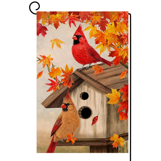 Fall Cardinal Garden Flag 12x18 Double Sided Bird Maple Leaves Yard Decor