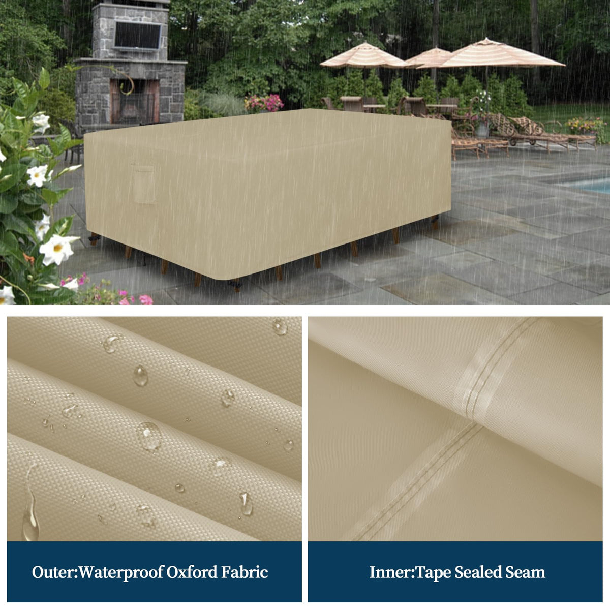 Easy-Going Rectangle Patio Furniture Cover Waterproof Outdoor Dining Table and Chair Cover Anti-UV Outside Sectional Sofa Set Covers (126"L x 63"W x 28"H, Camel)