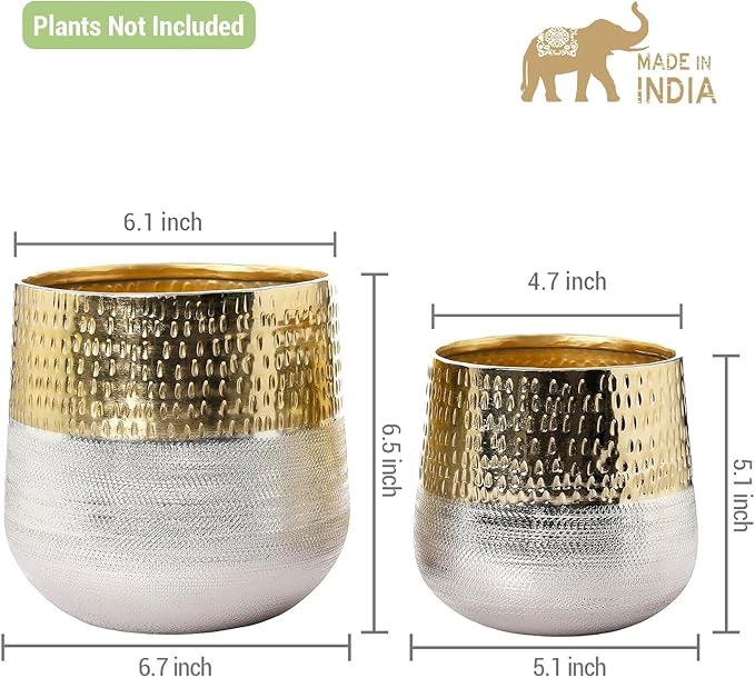 MyGift Round Two-Toned Indoor Planter Pot, Hammered Brass and Milled Embossed Silver Tone Metal Planter Vase, Set of 2 - Handcrafted in India