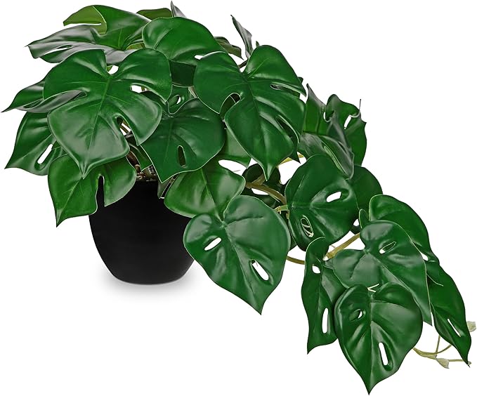 DILATATA Fake Plants Indoor 9 Inch Artificial Monstera Plant in Black Plastic Pot - Faux Potted Tropical Palm Plant for Home Aesthetic Decor Living Room Shelf Office
