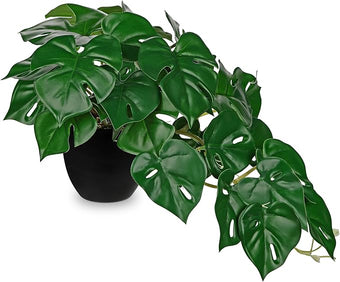 DILATATA Fake Plants Indoor 9 Inch Artificial Monstera Plant in Black Plastic Pot - Faux Potted Tropical Palm Plant for Home Aesthetic Decor Living Room Shelf Office