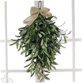 Olive Wreath 24 Inch Artificial Olive Wreaths for Front Door Hanging Teardrop Swag Greenery with Burlap Bow for Front Door Wall Wedding Arch