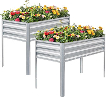 1MORE Elevated Raised Garden Bed with Legs, 48×24×32in Large Metal Raised Bed for Backyard, Patio, Balcony. Raised Planter Box with Drainage Holes for Plants Vegetables Flowers Fruits(Sliver-2pcs)