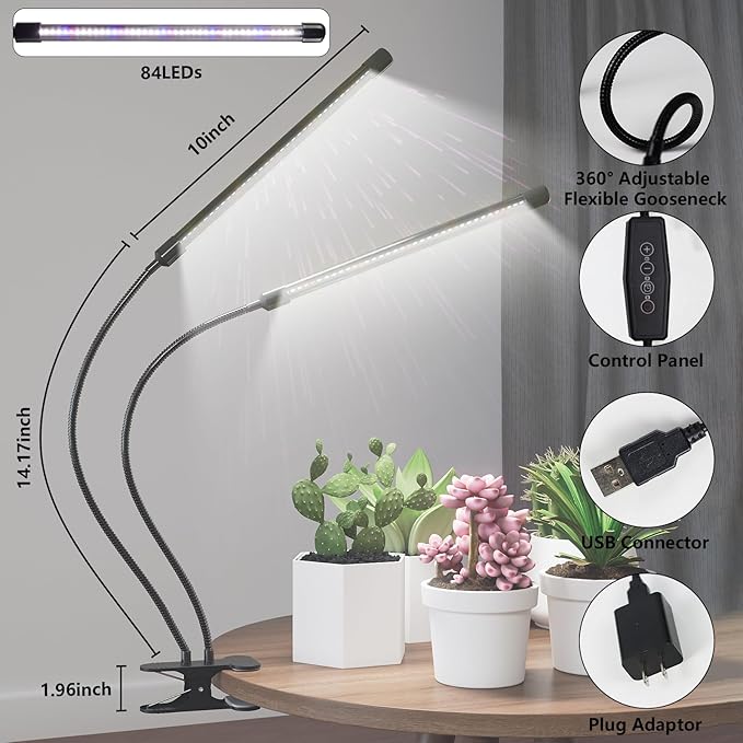 GHodec Grow Light, 6500K Full Spectrum White Red Blue 84 LED Plant Lamp Clip-on Desk for Indoor Plants Growing, 5 Dimmable Levels & Timer Setting 4/8/12H