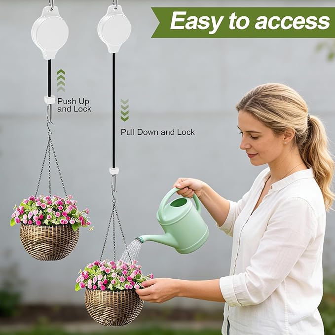 TERVEEX Retractable Plant Hanger with Pulley System, Effortless Raising and Lowering for Indoor and Outdoor Plants, Hanging Planters, Garden Pots & Bird Feeders (4-Pack,White)