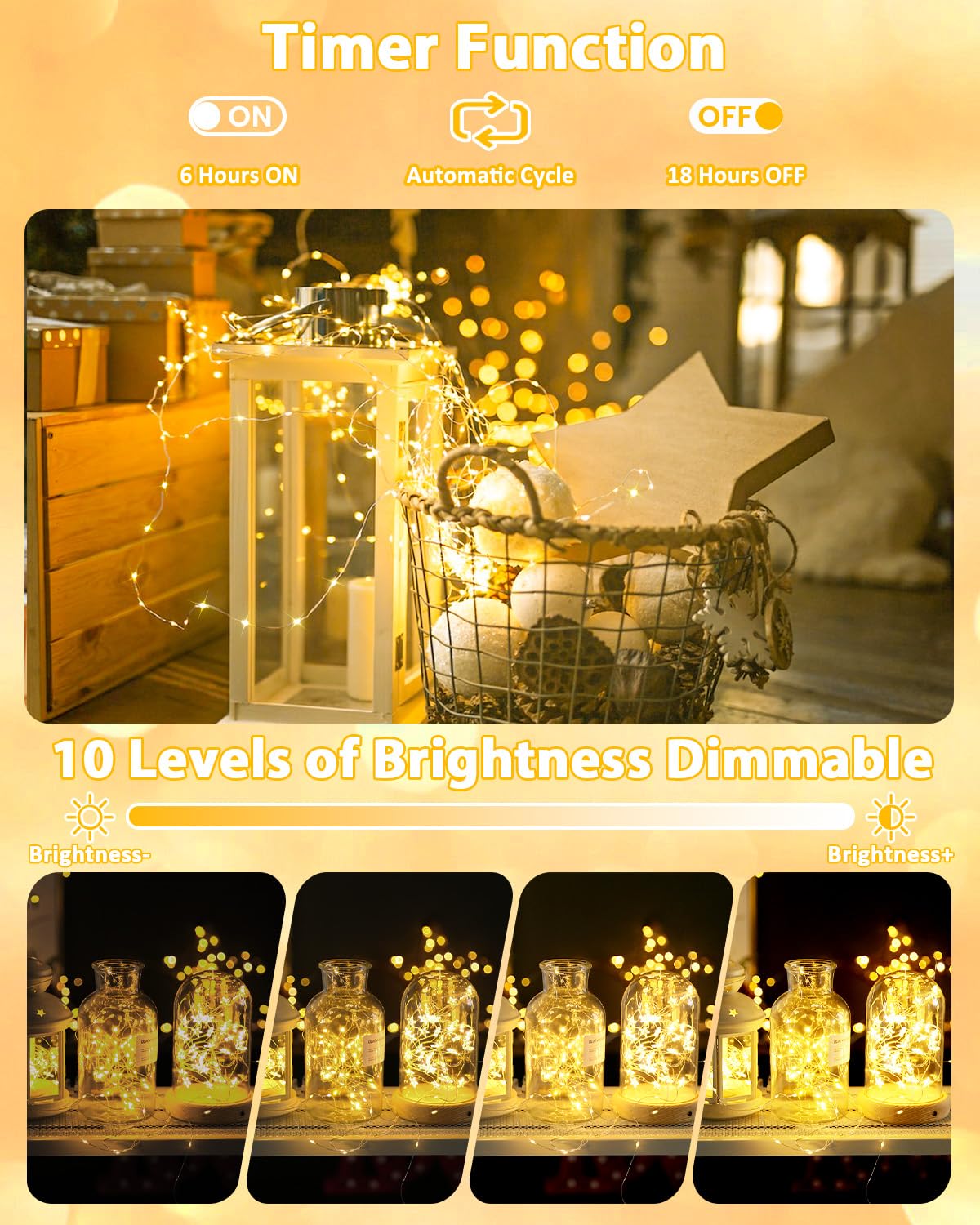 2 Pack 100 LED Fairy Lights Battery Operated with Remote, 33 FT Warm White