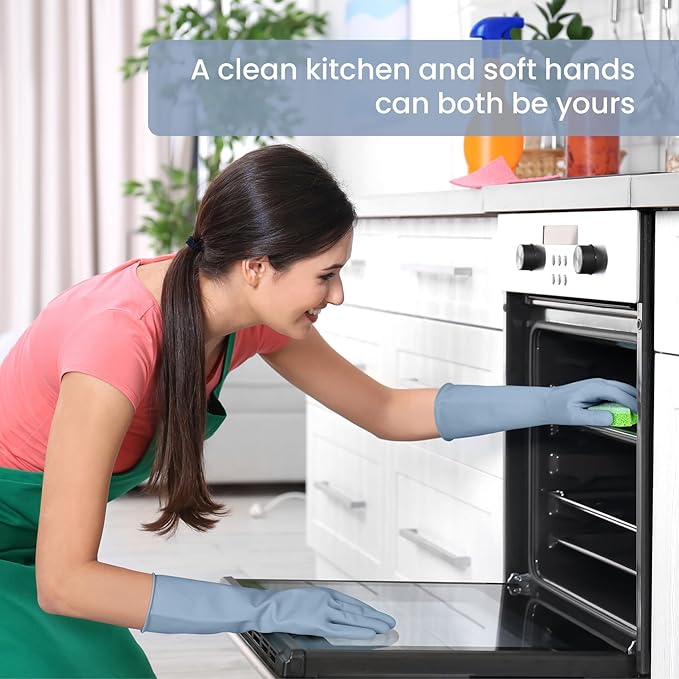 Rubber Cleaning Gloves for Dishwashing, 4 Pairs Reusable Kitchen Gloves for Washing Dishes and Household Cleaning, Blue Dish Gloves with Flocked Lining and Non-Slip Grip, Pefect for Woman Men - L