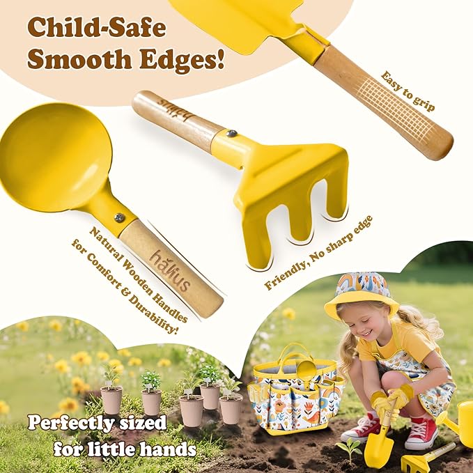 Kids Gardening Tool Set 18PCS Kids Toddler Gardening Set Includes Tote Bag Watering Can Apron Hat Rake Shovel Spoon Gloves Plant Pots and Labels, Outdoor Toys Gift for Boys Girls (Yellow)