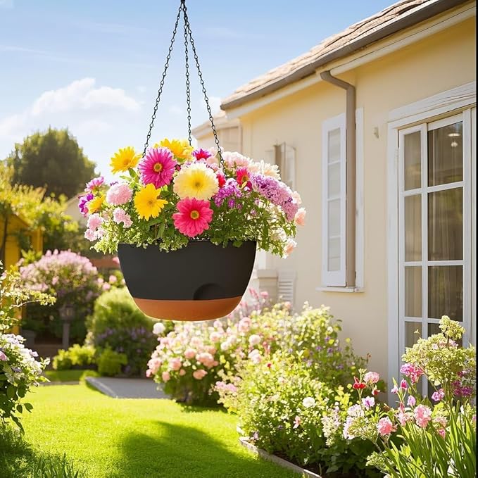 LESOASIS Hanging Planter for Indoor Plants, 10 Inch Self-Watering Hanging Planters with Drainage Holes and Chain, Set of 2 Outdoor Hanging Pots for Garden Home