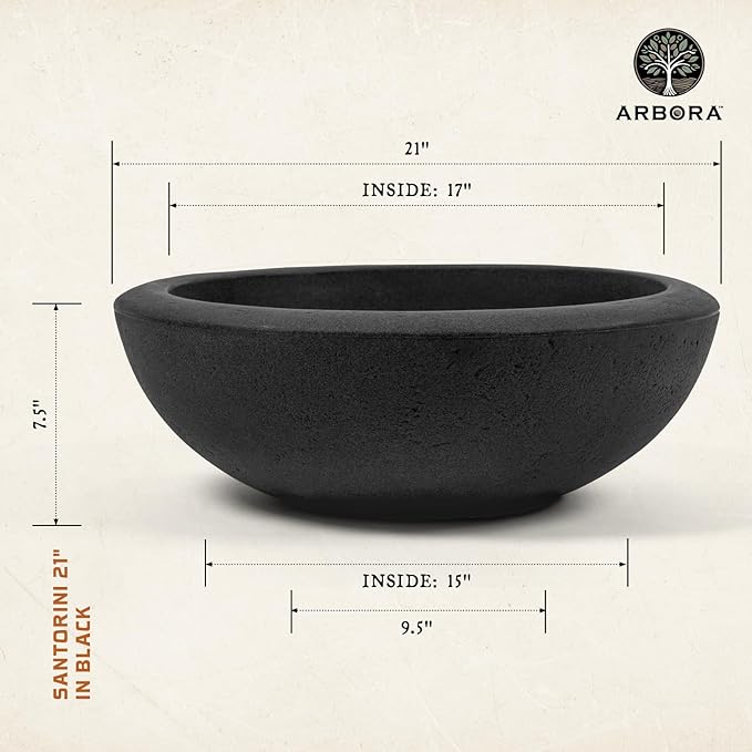 ARBORA 21" Santorini Bowl 2-Pack with Classic Black Finish - Polyresin Indoor and Outdoor Planters, Durable, Weatherproof, Lightweight, Large Plant Pots for Patio, Garden, Deck, Entryway
