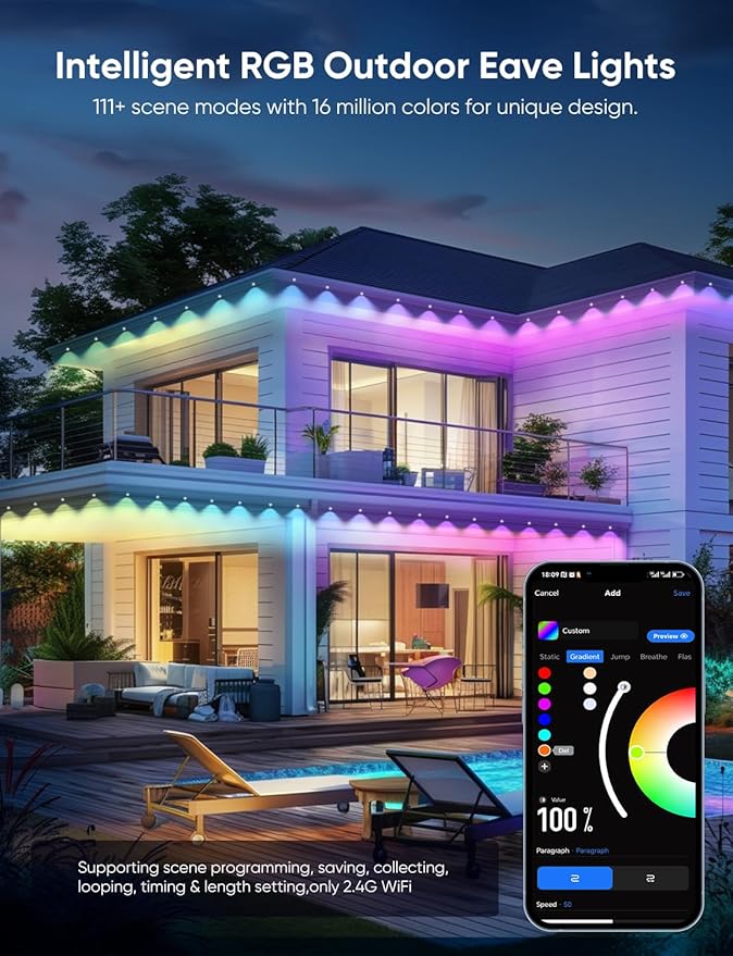 APPECK Permanent Outdoor Lights 150ft,RGBW Eaves Light with 108 LED Lights,111+ Scenes Modes Outdoor Lighting, Waterproof Permanent Light for Daily Holiday Decorations, Works with Alexa,White