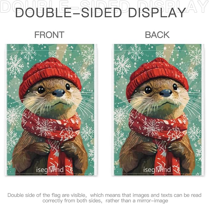 Otter with Red Scarf and Hat Snowflake Christmas Garden Flag, 28x40 Inch Double Sided Linen Holiday Red Winter Farmhouse Yard Outdoor Decoration (4329)
