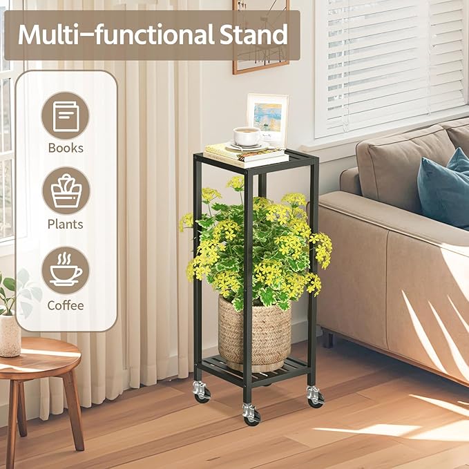 LASZOLA 2 Tier Black Metal Plant Stand Indoor Outdoor with Wheel for Large Planter, Modern Heavy Duty Tall Rolling Rack for Corner House Bathroom Patio Floor, Iron Flower Shelf Holder for Orchid Fern