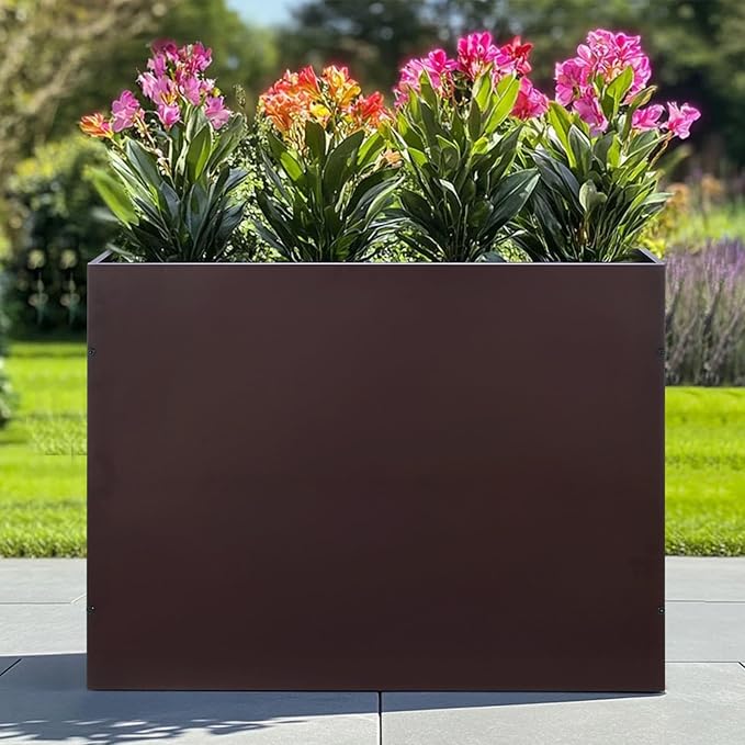 SUNNYPARK Large Metal Planter Box 32”x 12”x 24”, Rectangular Modern Brown Metal Planter Box Heavy Duty with Drainage Holes for Outdoor Garden Patio