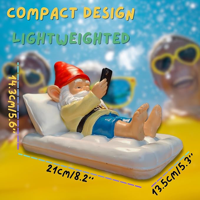 Relaxing Pool Gnome with Smartphone - 5.6" Heavy Resin Garden Statue - Weather-Resistant Funny Lawn Ornament - Summer Patio Decor - Unique Housewarming Gift
