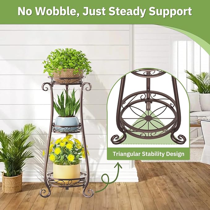 KMOTASUO 3 Tier Metal Plant Stand for Multiple Large Planters Indoor Outdoor Organizer, Heavy Duty Tall Flower Rack for Corner Patio Bathroom Office Corner, Modern Sturdy Vertical Iron Rack, Bronze