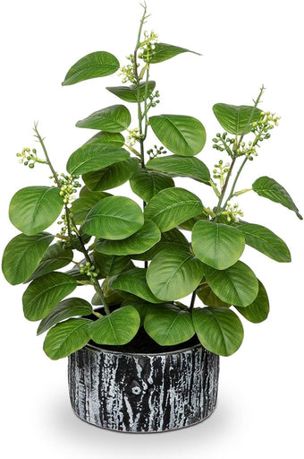 GnFlus Artificial Plants Decor Greenery Fake Ficus Leaf Indoor Potted 14" Fake Plant with Seeds in Rustic Black Ceramic Planter for Farmhouse Room Bathroom Bedroom Kitchen Office Table Desk Decor