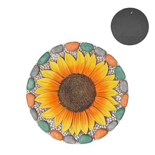 Decorative Sunflower Garden Stepping Stone - Colorful Pebble Border, Garden Stepping Stones Outdoor Yard Decor 10x10x0.75 Inches