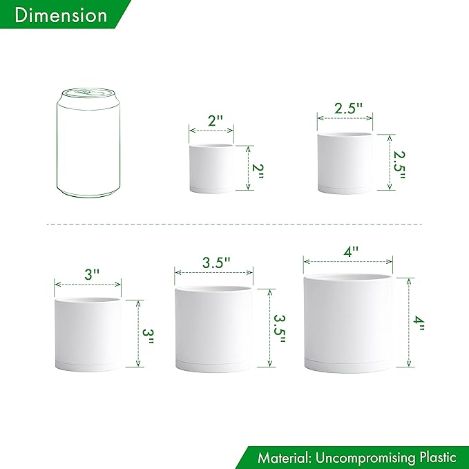 D'vine Dev Pack of 20 Plastic Plant Pots (4 Set of 2 Inch, 2.5 Inch, 3 Inch, 3.5 Inch, 4 Inch) Small Garden Planter Pots for Plant with Drainage Holes and Saucers, White, 74-U-A