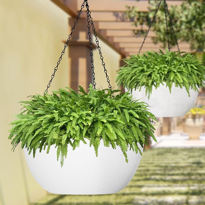 WOUSIWER 13 inch 2Pack Large Hanging Planters for Outdoor Indoor Plants with Drainage Holes and Chain, Round Hanging Flower Pots for Garden Home Porch Decor, White
