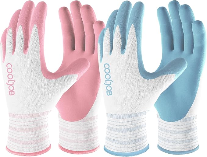COOLJOB 6 Pairs Gardening Gloves for Women Ladies, Breathable Rubber Coated for Yard Garden, Outdoor Indoor Protective Work with Grip, Medium Size, Blue & Pink