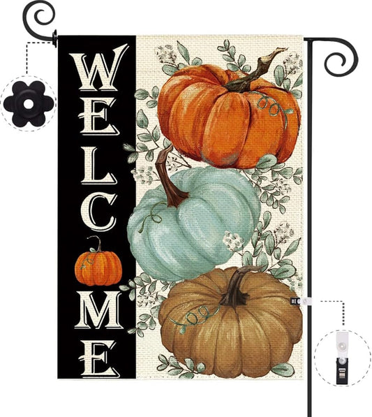 Baccessor Fall Pumpkins Garden Flag 12.5 x 18 Inch Double Sided Harvest Autumn Eucalyptus Leaves Welcome Thanksgiving Holiday Small Burlap Flag Seasonal Outside Patio Outdoor Decoration