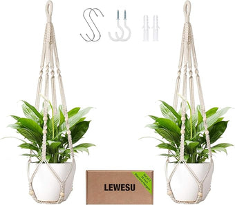 LEWESU Macrame Plant Hanger Indoor Set of 2 with 4 Hooks, Indoor Outdoor Hanging Planter for Plants Holder with Decorative Wood Beads & No Tassels, Boho Home Decor, 35 Inch Ivory (Pots Not Included)
