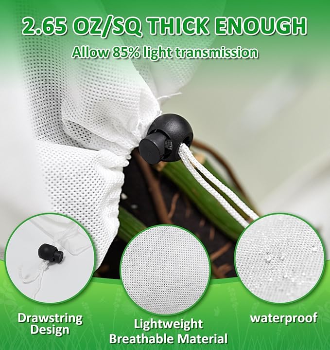 EAONE 12 Pack Plant Covers Freeze Protection, 32x47'' Winter Frosts Cloth for Outdoor Plants, Reusable Frost Blankets Drawstring Bags for Cold Freeze Sun Protection Bird Insect Prevention,White