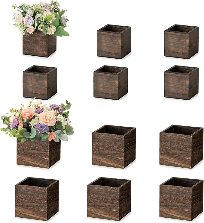 NUPTIO Wooden Box for Centerpiece Wedding: 12 Pcs Rustic Square Planter Box for Christmas Table Fall Decorations - 4×4" & 5×5" Small Wood Vases Flower Pots for Windowsill Home Garden Decor