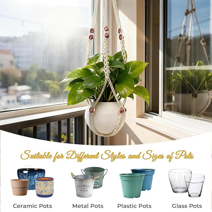 HOREAKHJ 35 Inch Macrame Plant Hanger, Large for up to 15 Inch Pot Extra Long Hanging Planter Holder Basket with Wood Beads for Indoor Outdoor Home Decor (Ivory, 1-Pack)