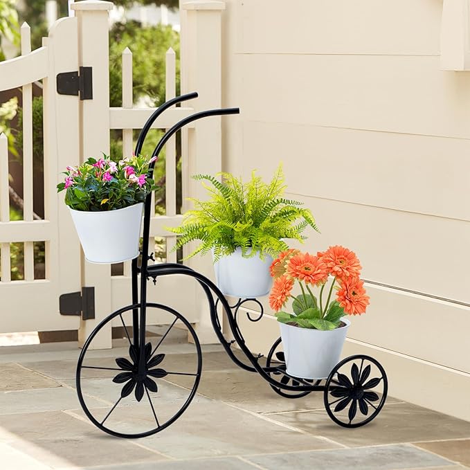 LEWIS&WAYNE Metal Tricycle Planter, 3 Tier Floral Flower Plant Stand Holder Hand Painted Outdoor Garden Patio Decor