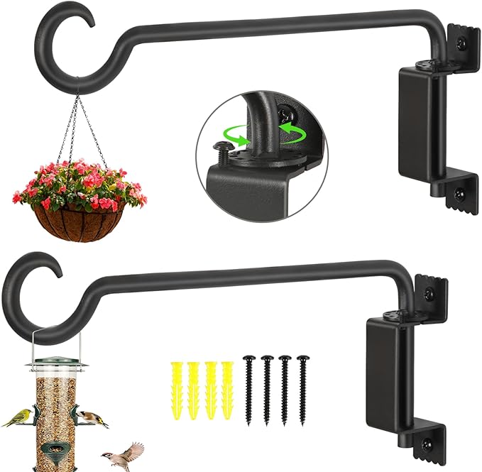 12 Inch Outdoor Hanging Brackets - 360° Swivel Plant Hanger with 12-Directional Adjustable Hook, Rust Resistant Solid Steel Wall Mount for Bird Feeders, Indoor/Outdoor Plants, Garden & Patio, 2-Pack