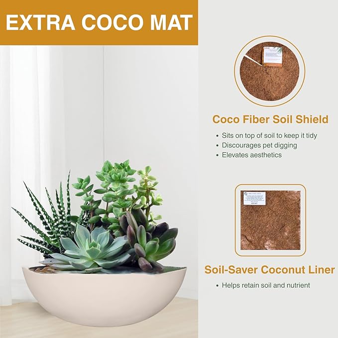 KUTE NEST 7.7" H x 22" D Round Bowl Fiberstone Planter for Succulent and Lotus with Drainage Hole, Smooth Finishes, Weather Resistant, Included 2 Extra Coco Mats (Kilim Beige, 19.9" Pot Opening)