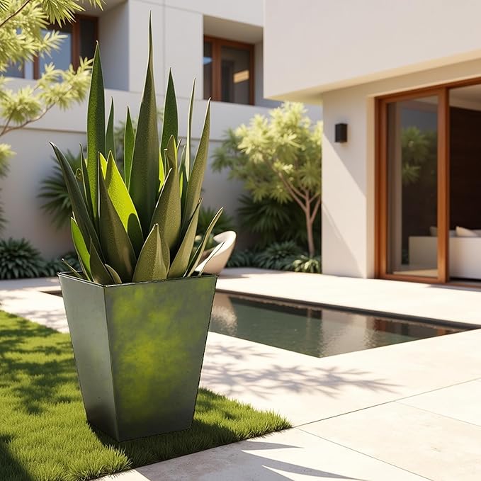 Worth Garden Large Metal Glazed Floor Planter Set of 2-14" Dia x 18" H - Luxurious Glossy Finish Green Tall Square Tapered Steel Plant Pots, Decor Flower Pot Indoor & Outdoor, Drainage Hole