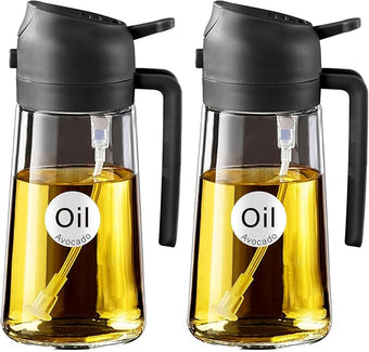 YARRAMATE 2Pcs 16oz/470ml Olive Oil Dispenser, Food-grade 2 in 1 Oil Glass Sprayer for Cooking, Kitchen, Air Fryer, Salad, Frying, BBQ (Black)