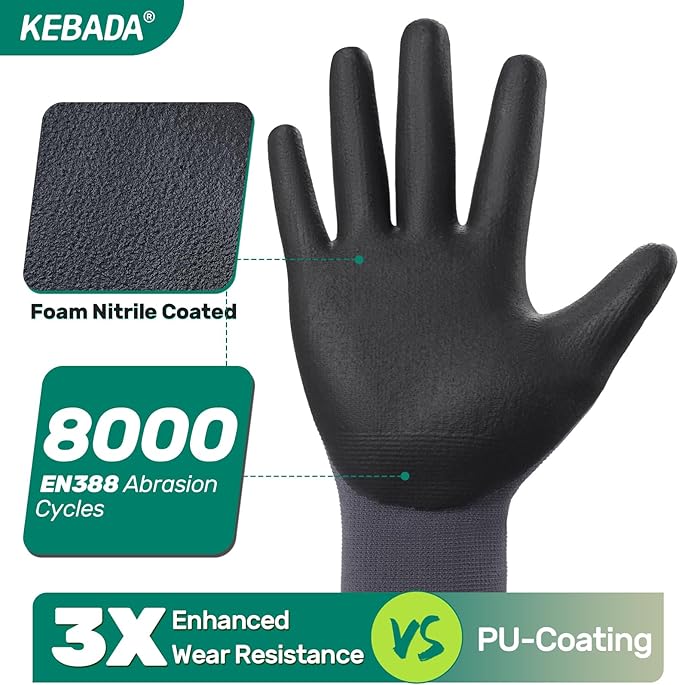 Kebada Work Gloves for Men and Women, Foam Nitrile Coated Safety Gloves with Grip, Ideal for Warehouse Package Handling, Gardening, Mechanic and Construction, Small
