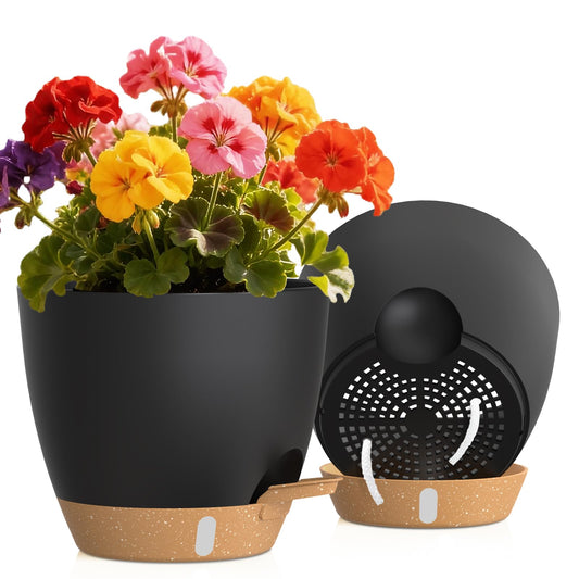 KUGAZ Self Watering Pots with Drainage Holes, 2 Pack 8 Inch Plant Pots with Water Level Indicator Deep Reservoir, Large Plastic Planter for Indoor Outdoor Plants - Black Brown