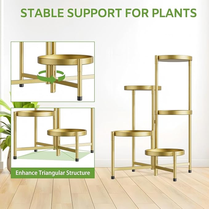 iDavosic.ly 5 Tier Large Plant Stand Indoor, 10 Inch Wide Tall Corner Metal Plant Stands Outdoor for Multiple Plants, Folding Tiered Flower Display Holder Rack Shelf, Gold