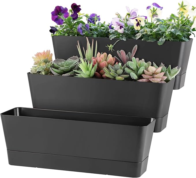 Window Box Planter with Tray, 12" Rectangle Plant Pot, Pack of 3 (Black)