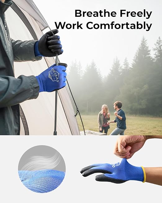 OKIAAS Men's Large Blue 12 Pairs Ultra Thin and Lightweight Working Gloves with Grip, Polyurethane Coating, Safety Gloves for Light Duty Work