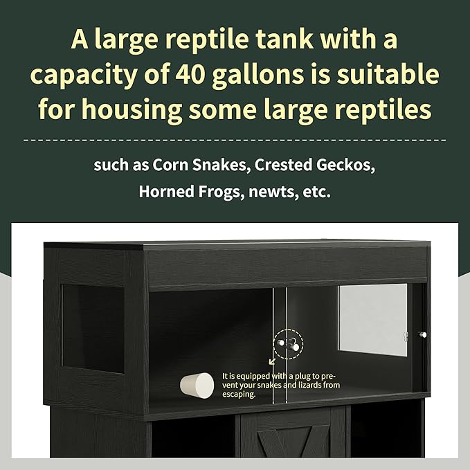 Herture 40 Gallon Reptile Terrarium Tank with Storage Cabinet, Reptile Tank with Stand, for Leopard Geckos, Corn Snakes, Juvenile Pets, Sliding Acrylic Doors, Mesh Top, Power Outlet, Black PX03RTB