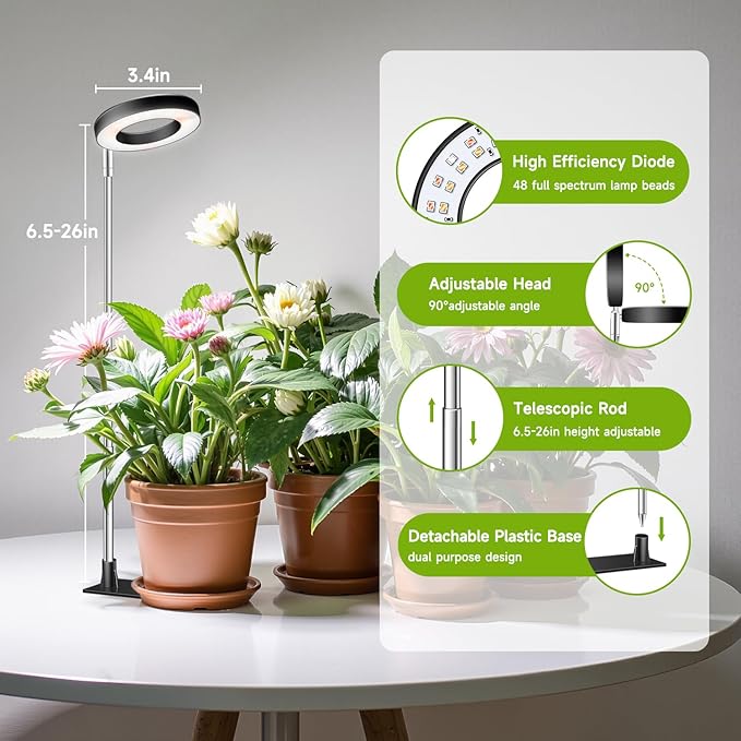Kullinss Grow Light, 48 LEDs Full Spectrum Plant Lights for Indoor Growing, Small Plant Grow Light with 3/9/12H Timer, 3 Color Modes, 10 Brightness, Height Adjustable Grow Lamp for Small Plants