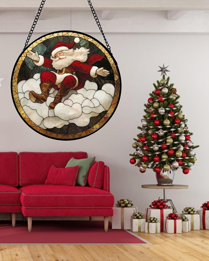 Stained Glass Window Hanging - Red White Santa Claus Clouds Suncatcher for Doors Home Christmas Decoration Sun Catcher Thanksgiving New Year Birthday Gifts for Friend Women Men Mom Nana 6.3 in