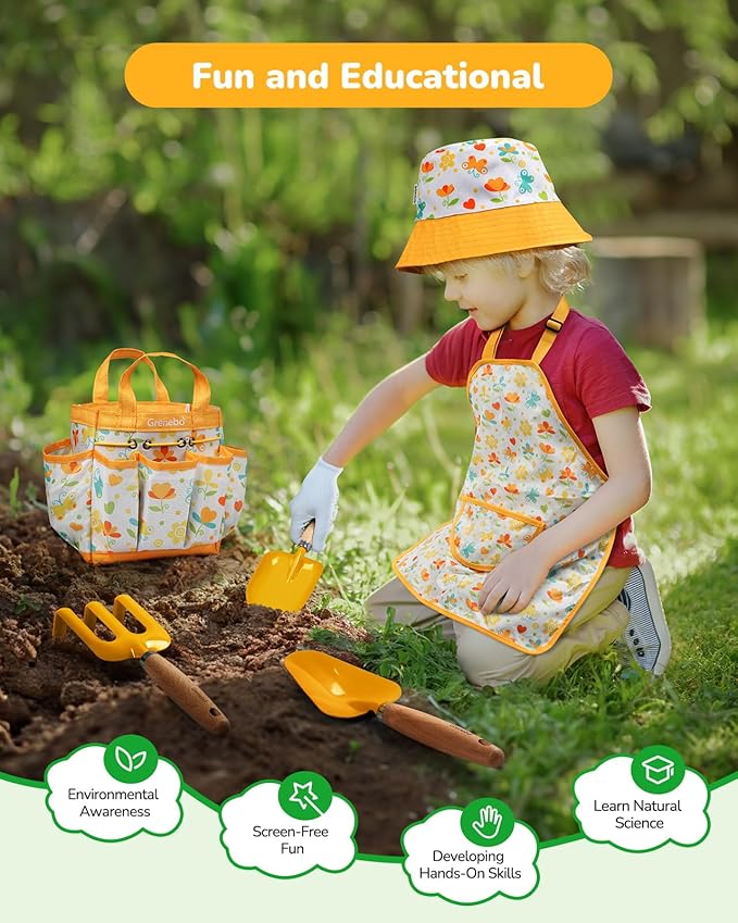 Grenebo Kids Gardening Set Toys,Includes Metal Trowel,Transplanting Shovel,Garden hat,Rake,Apron,Gloves,Watering Can,and Tool Organizer Bag (Yellow)