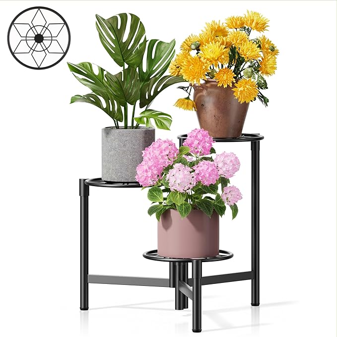 NQW Tiered Plant Stand Outdoor 3 Tier Indoor Metal Flower Shelf for Multiple Plants Corner Tall Flower Holders for Patio Garden Living Room Balcony Bedroom Black Diamond